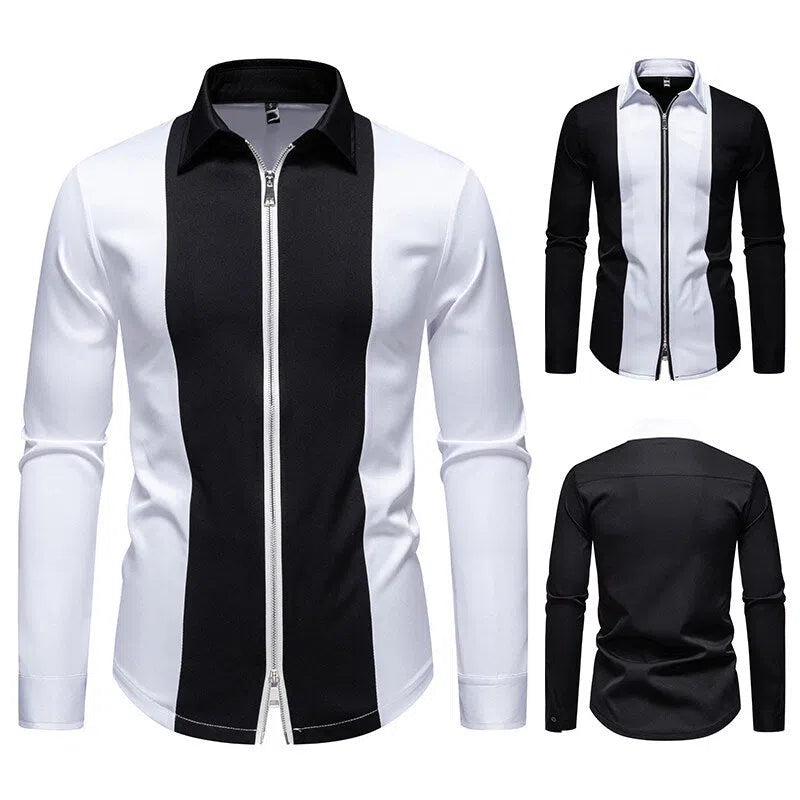 Plus size long sleeve shirt with colour block zipper design in black or white, loose fit, sizes S-XXL