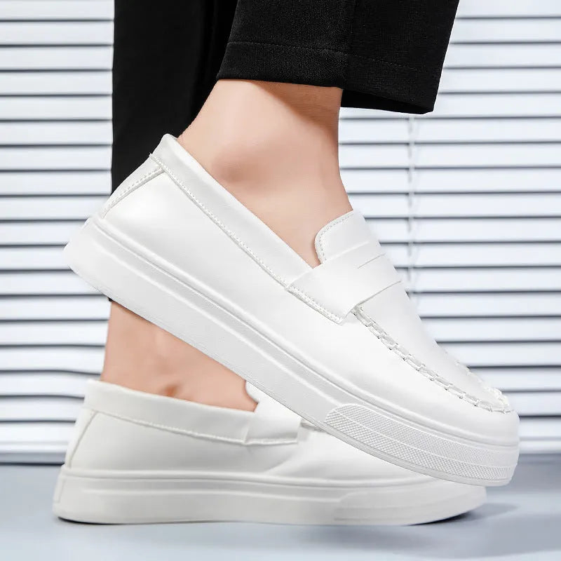 Men's round toe casual PU leather slip-on shoes in white, black and white, and khaki colours.
