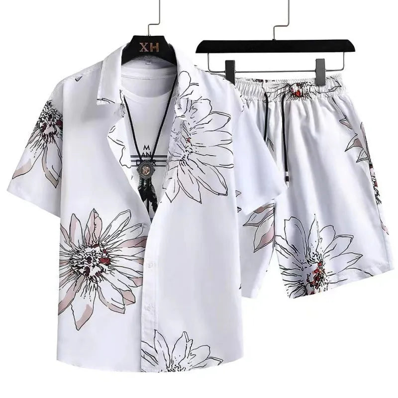 Men's digital print casual suit featuring a short sleeve cardigan and matching elastic polyester shorts.
