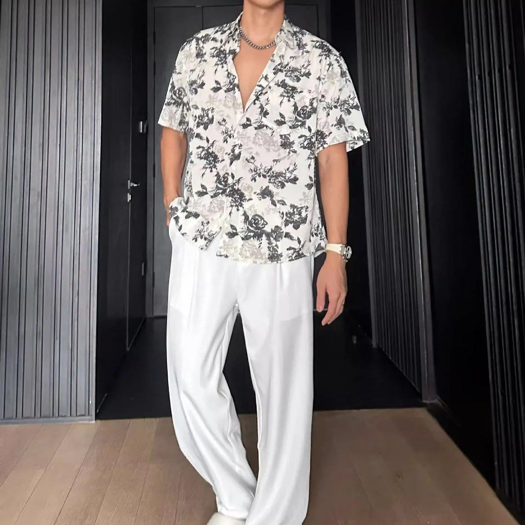 Men's loose fit floral printed short sleeve casual shirt in white or black