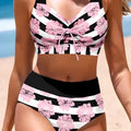 Black printed women's bikini swimsuit with belly covered slimming design.