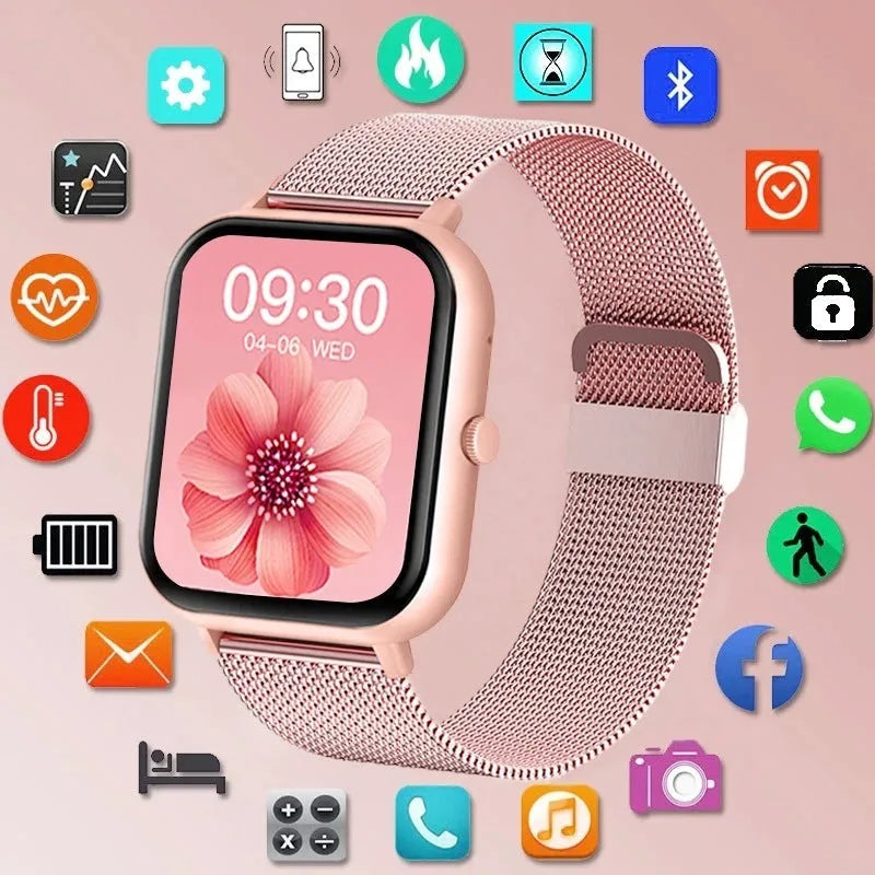 ZL54C Smart Watch in black with Milan steel strap showing heart rate and blood oxygen monitoring