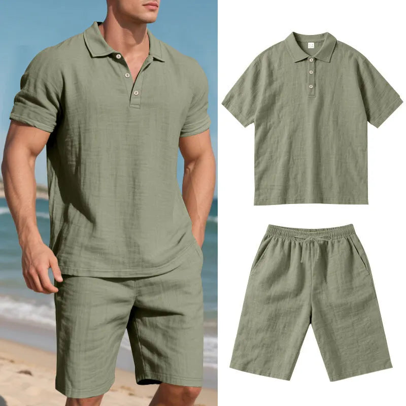 Men's light grey linen blend short sleeve top and shorts summer suit set on a hanger.