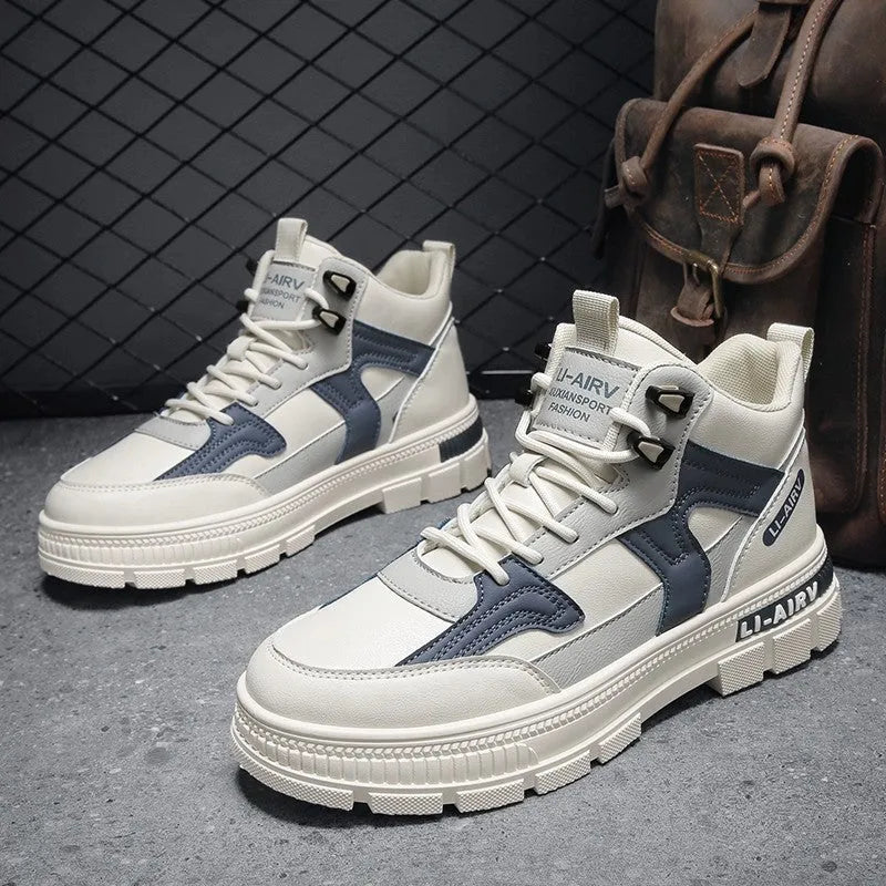 Men's high-top board shoes in beige, khaki or black with artificial PU upper and sequin detail, sizes 39-47