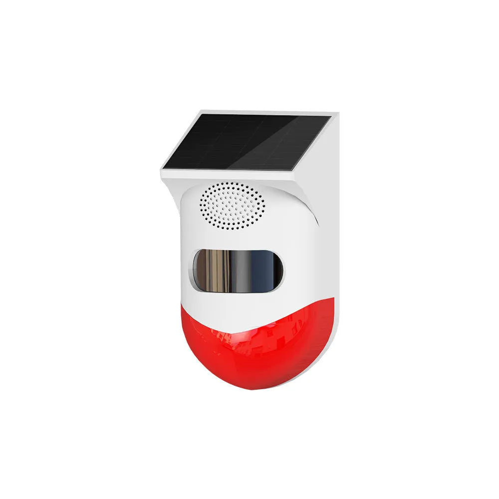 Solar-powered infrared security alarm with wall mount and detection range indicator