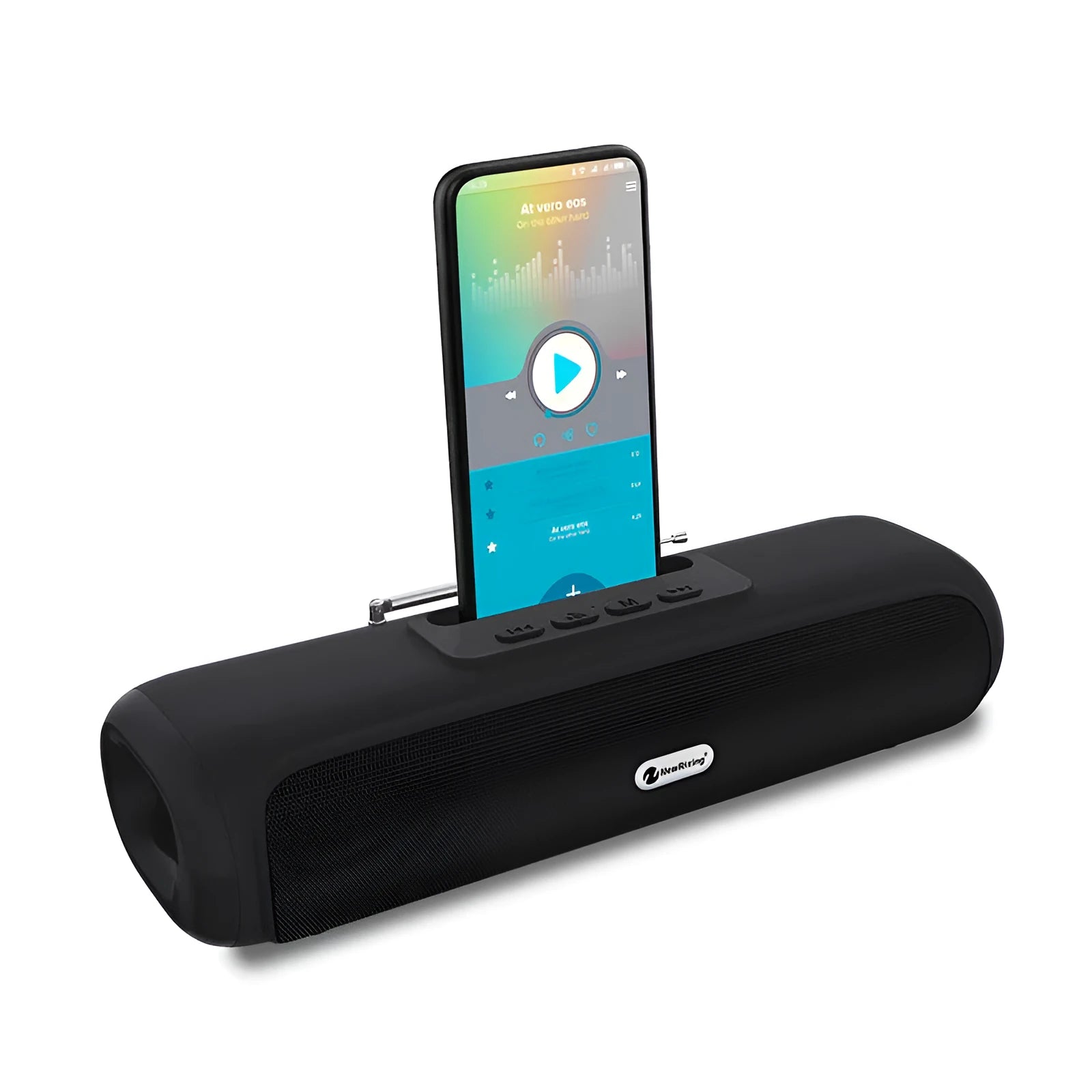Desktop wireless long strip radio subwoofer in black, blue, red, or silver grey colour options.