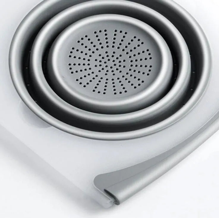 Grey 3 in 1 chopping board with detachable drain basket, 50cm x 28.5cm, PP and TPR, 1cm thick