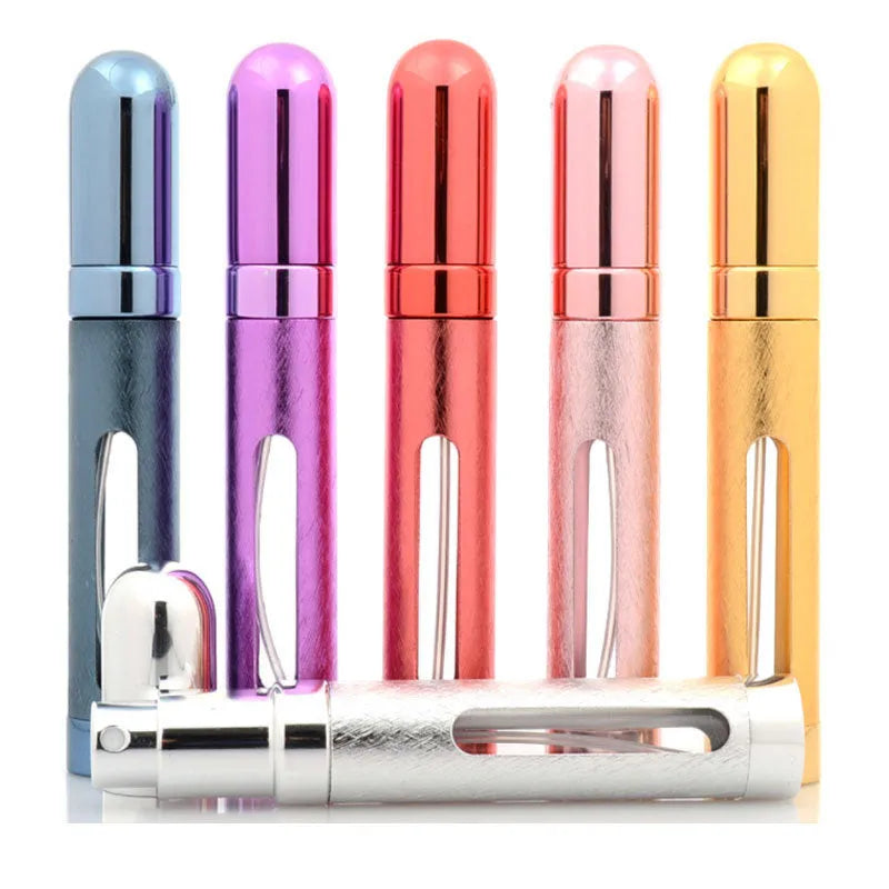 12ml portable perfume bottle, aluminium bottle with glass liner, 115mm x 20mm, 24g, shown in blue gold pink red silver violet
