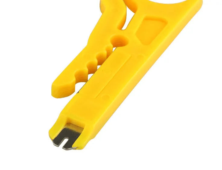 Yellow portable wire stripper tool showing 0.6mm stripping jaws and rubber plastic body.