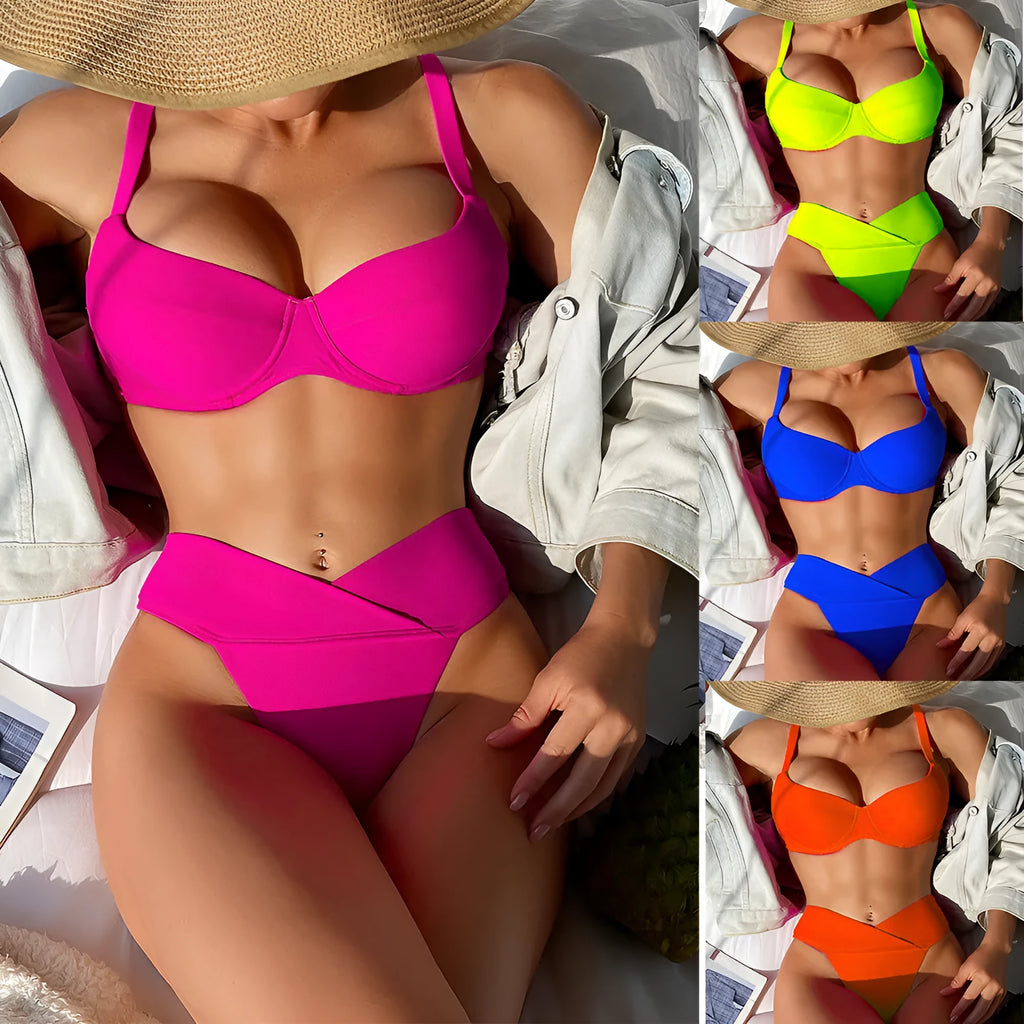 Women's solid colour bikini swimsuit in fluorescent pink, green, blue, orange or black with briefs cut