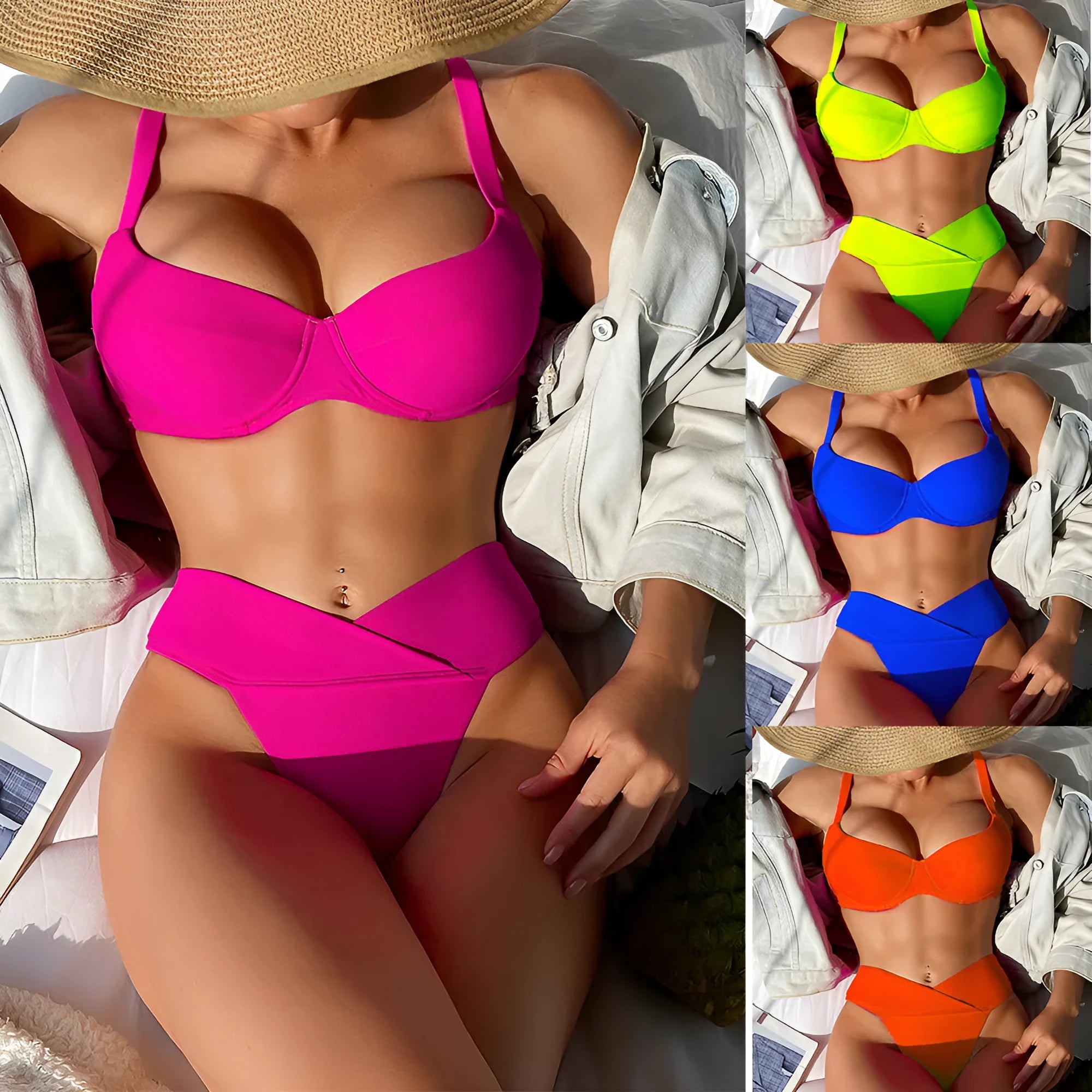 Women's solid colour bikini swimsuit in fluorescent pink, green, blue, orange or black with briefs cut
