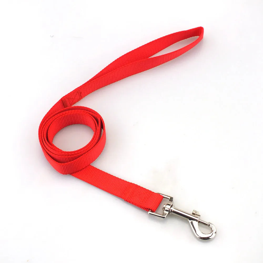 Solid colour polyester dog leash in hand holding rope design showing multiple colour options and size specifications