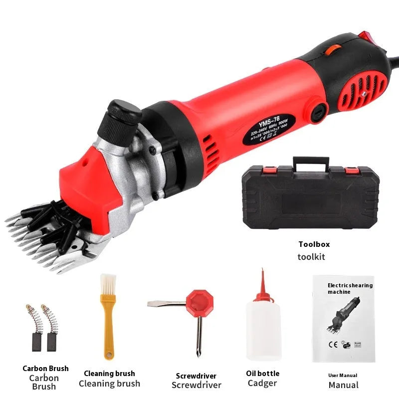 Yellow electric wool shears and accessory kit for 110V sheep shearing, including multiple blades in a plastic case.