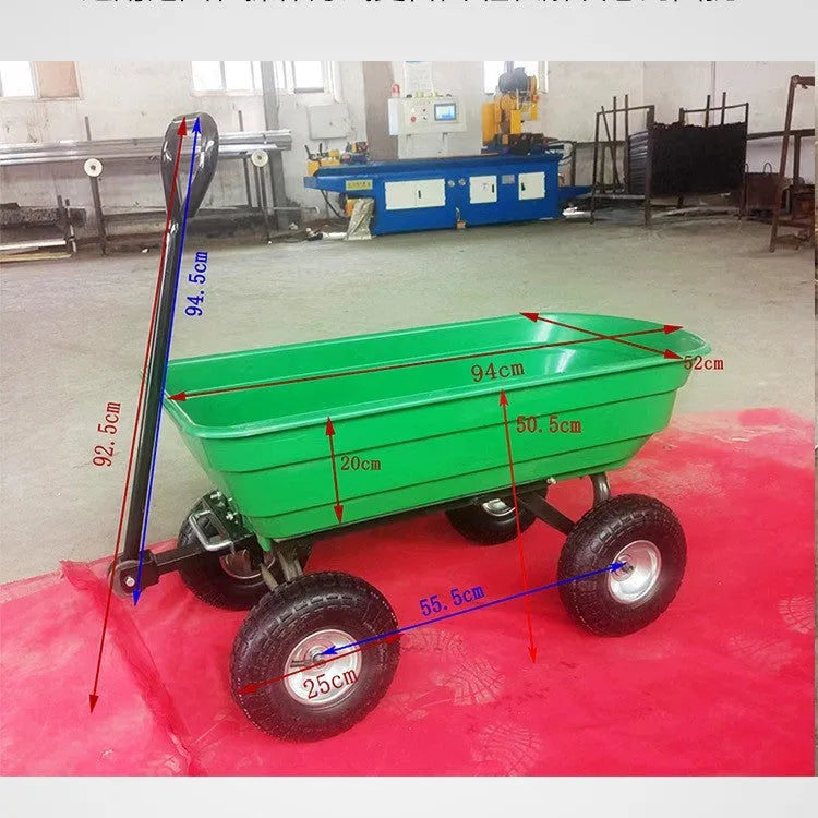 Green four-wheel plastic dump truck for agricultural tools with steel PP body and 350KG capacity