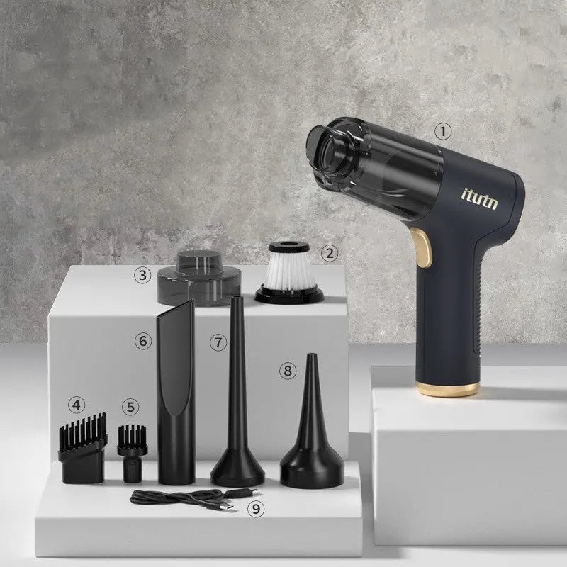 Black wireless car vacuum cleaner with 4500PA suction and multiple nozzle attachments for home and vehicle cleaning