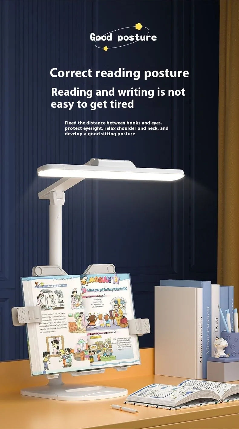 Adjustable reading bookshelf lamp with three colour temperature settings on a desk