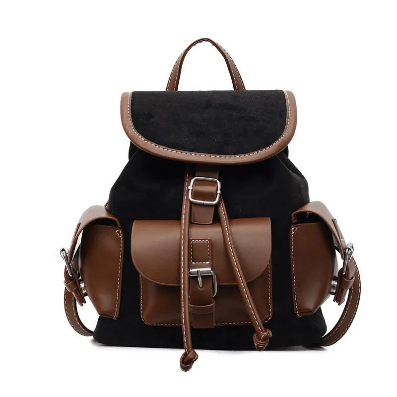 Women's retro textured PU backpack with zipper replacement and file pockets, available in black, beige, brown, and coffee.
