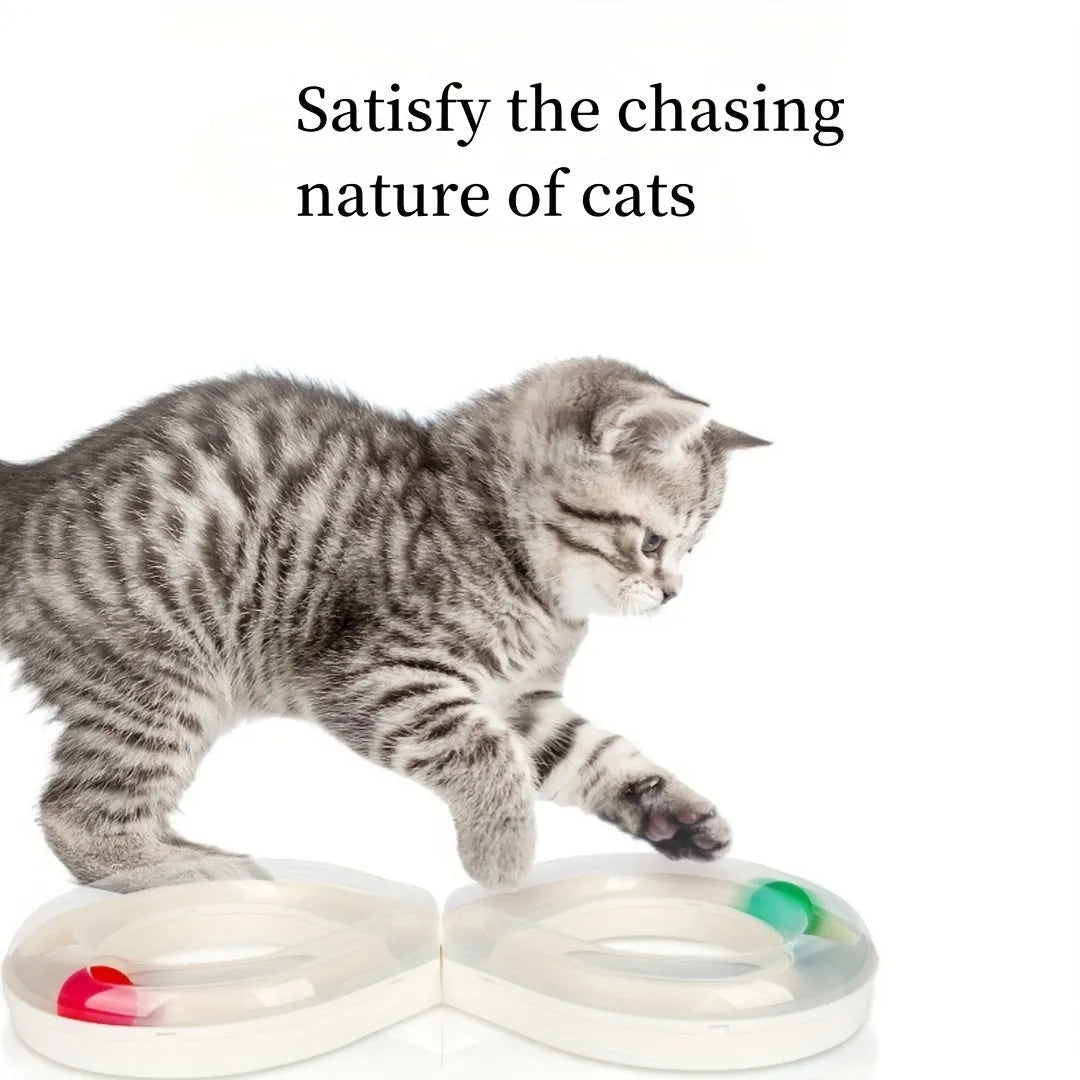 50cm long blue and white cat toy track with turntable, moving balls and teasing sticks for feline entertainment