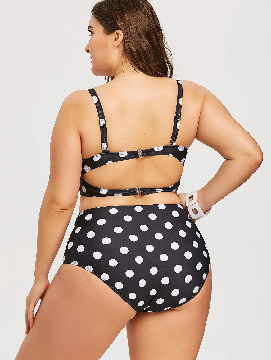 Retro polka dot high-rise bikini set in black, plus size XL-5XL, padded top and high-rise bottom.