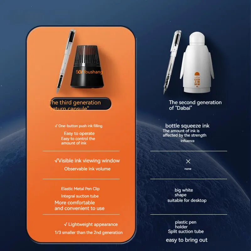 Student automatic suction pen set with plastic shell, 0.38mm and 0.5mm pen heads, and included ink feeder