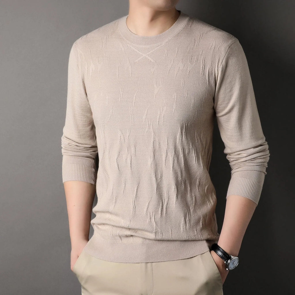 Men's loose fit solid colour long sleeve sweater in khaki, polyester fibre, front view
