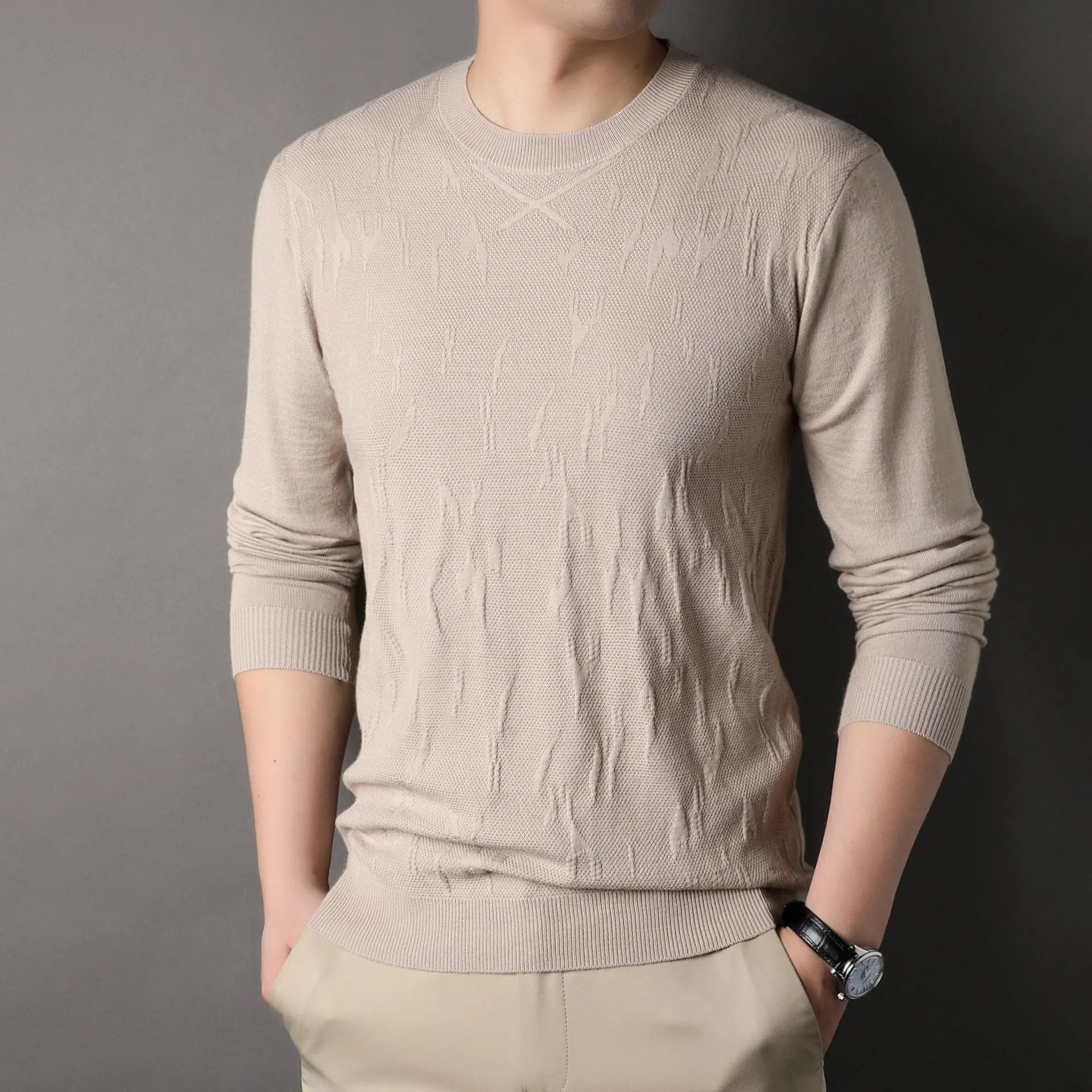Men's loose fit solid colour long sleeve sweater in khaki, polyester fibre, front view