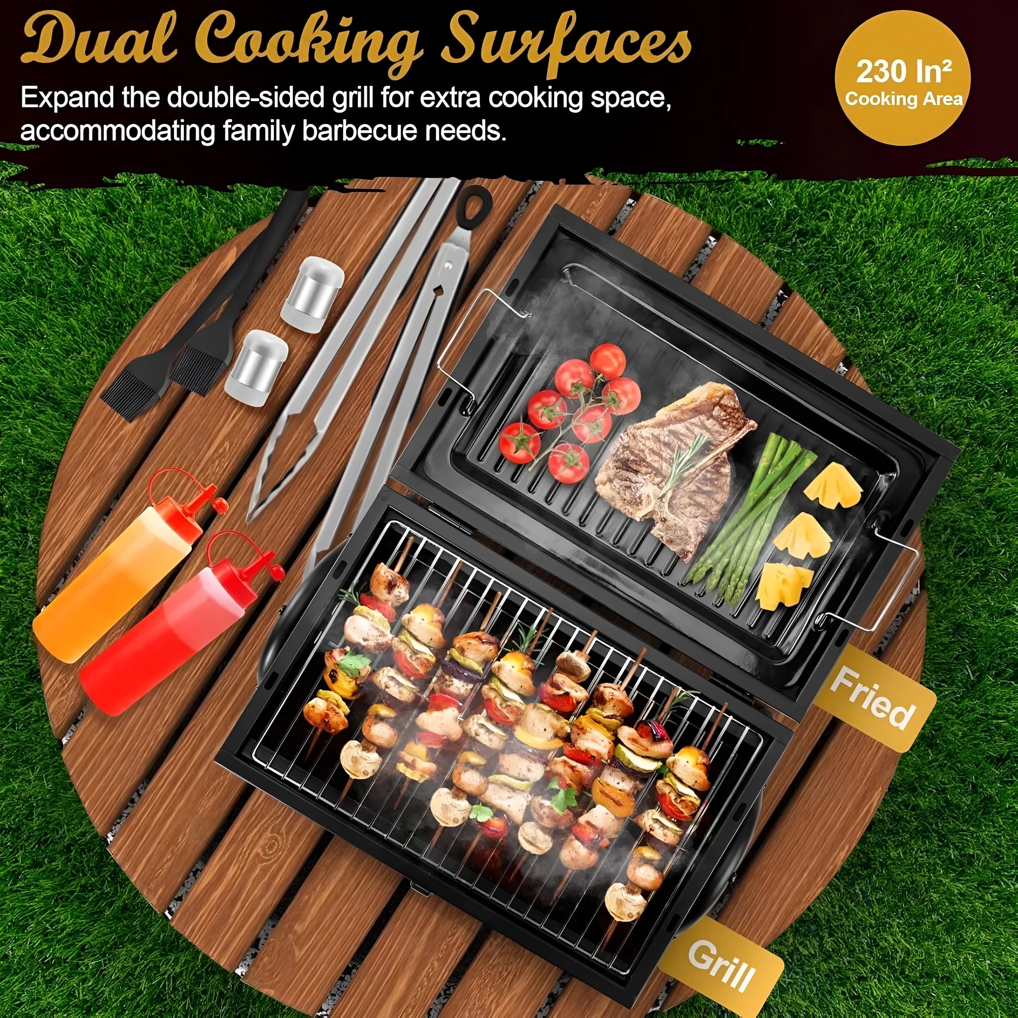 Small folding desktop charcoal barbecue grill with smoking device on a table.
