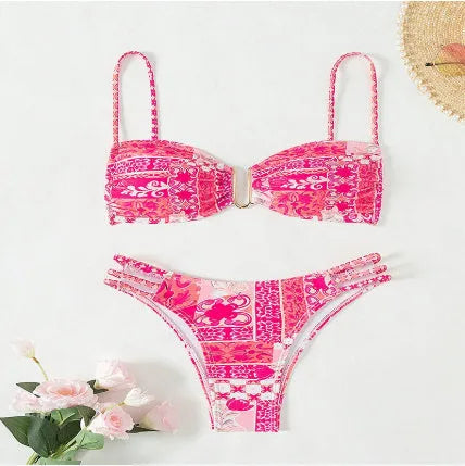 Women's floral bikini swimsuit with high waist style in blue, orange, pink and rose red colours