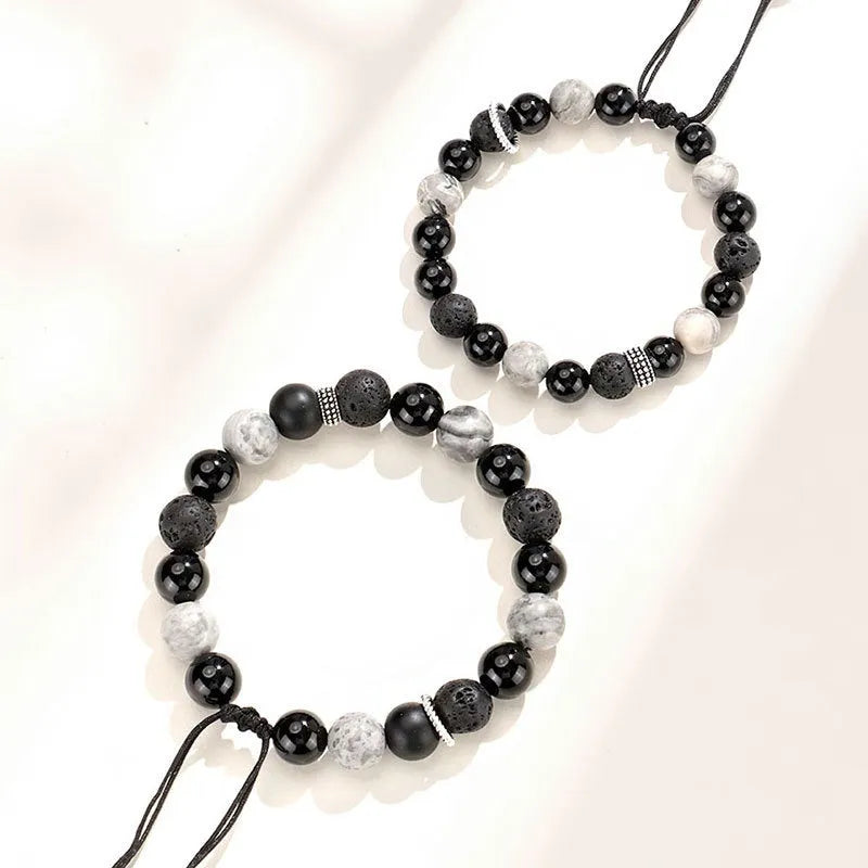 Black agate map stone volcanic rock bracelet with diamond cut stones in new Chinese style