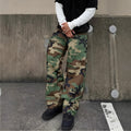 Men's loose camouflage workwear jeans in green, army green or gray cotton denim, straight leg, mid waist, zipper fly