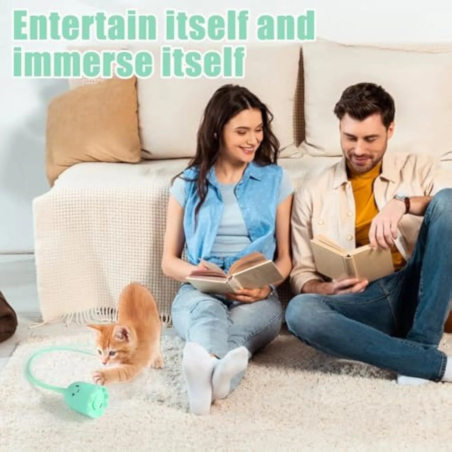 Green automatic electronic cat wand toy with swinging silicone tails on a table