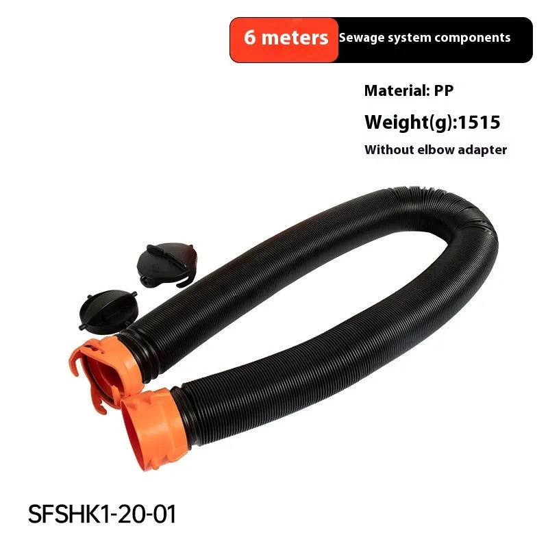 Brown 90-degree rotary elbow joint for sewage hose connected to a long polypropylene pipe.