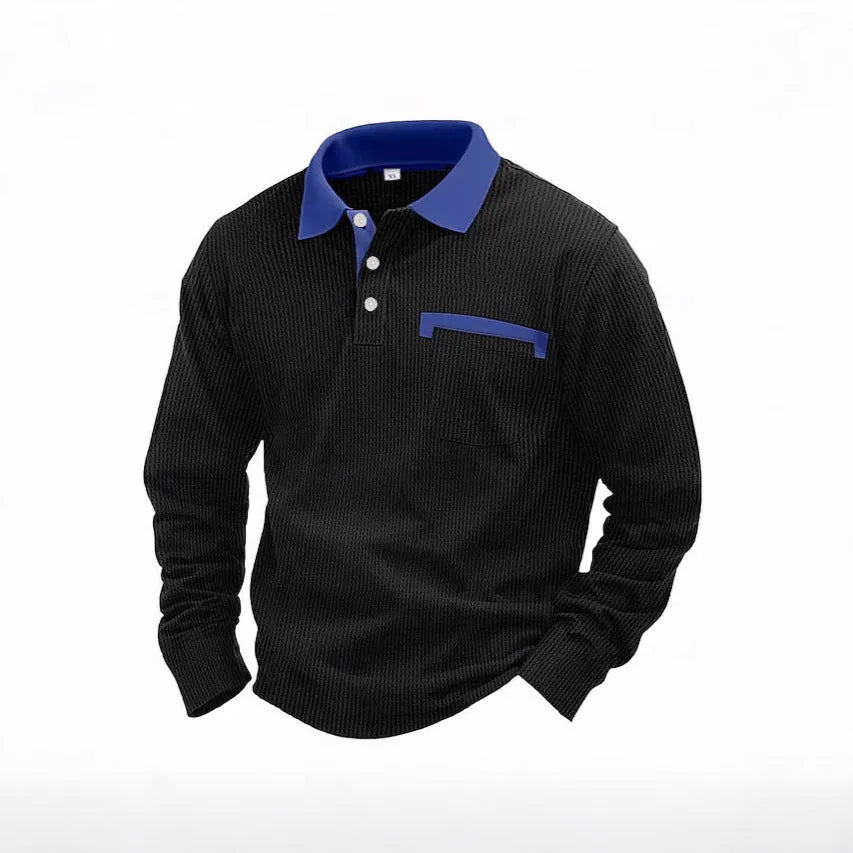 Men's loose-fit waffle knit polo shirt in polyester showing American retro styling and asymmetric details