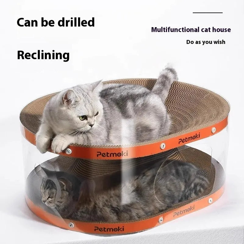 Transparent white PVC cat nest tunnel with integrated corrugated scratch board measuring 58x45x23cm