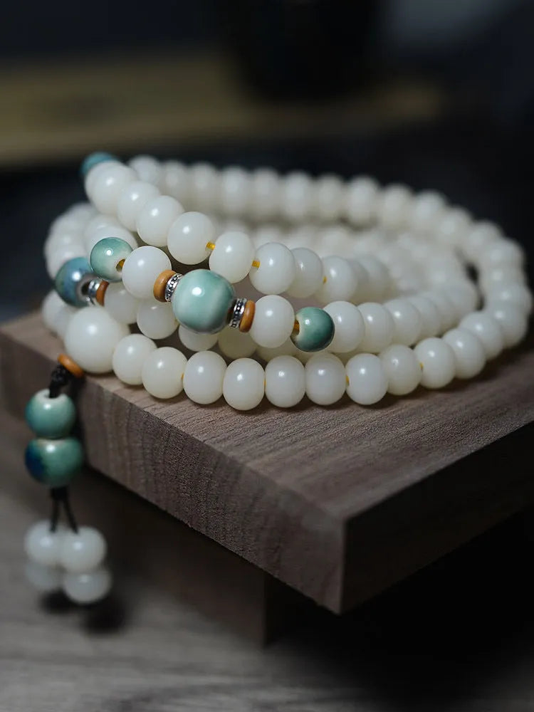 White jade and bodhi root seed bracelet with 108 beads in two sizes