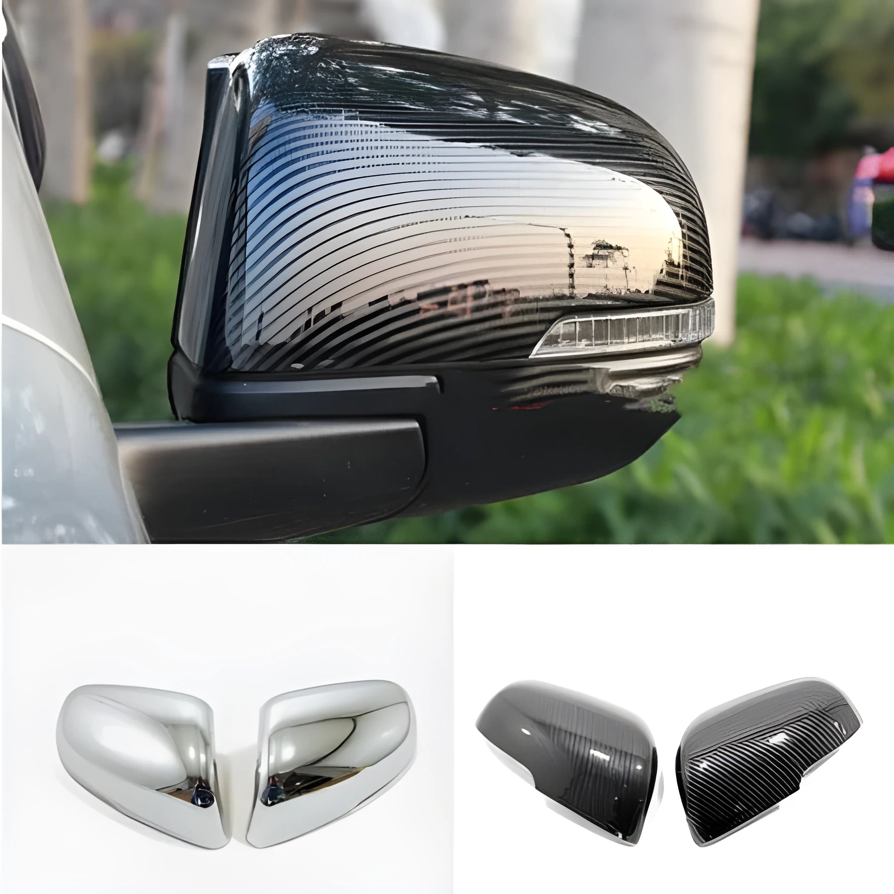 Car rearview mirror protection covers in electroplated silver and carbon fibre black finishes