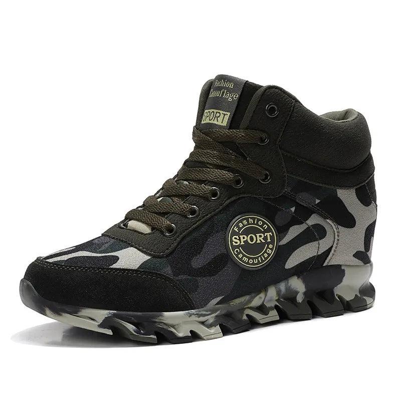 Green camouflage pattern on women's canvas casual sneakers with a rubber sole.