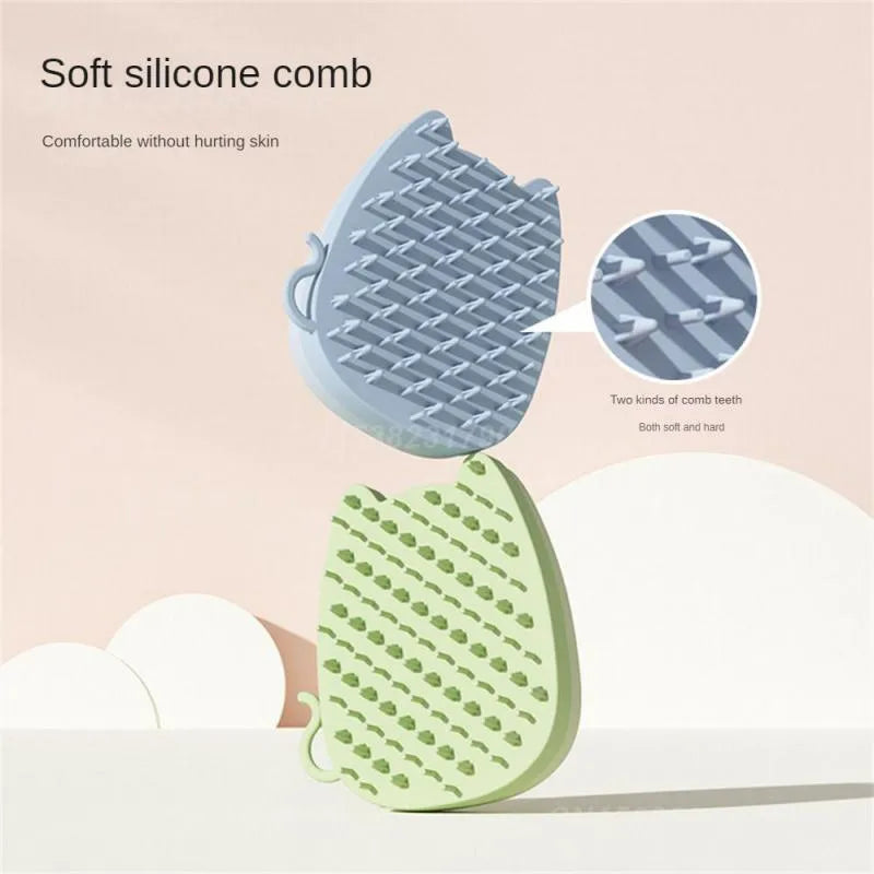 Blue silicone pet grooming comb with dual bristle types on a white background, shown next to a tape measure indicating 11.5 cm length.