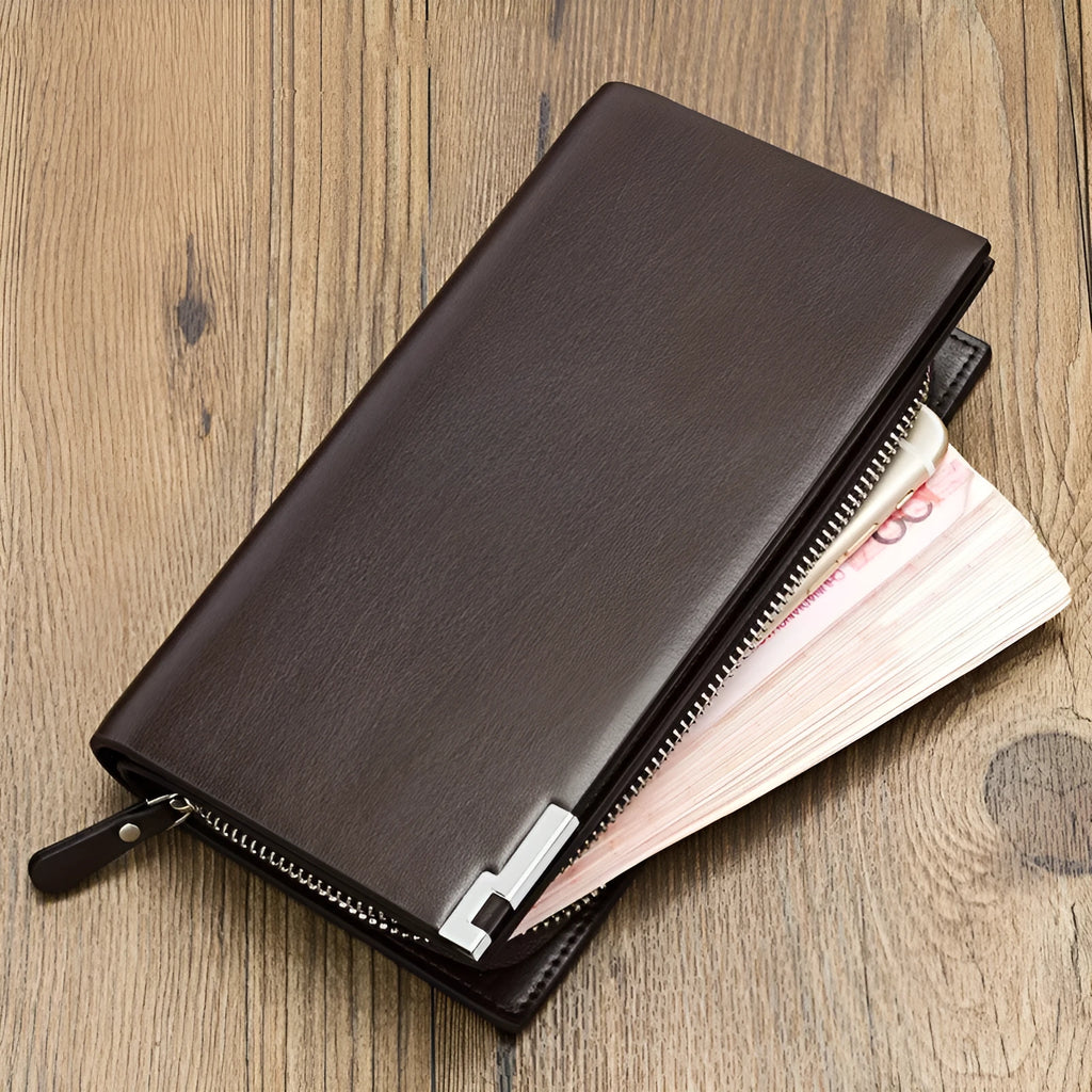 Men's black PU leather wallet with a prominent silver zipper closure.