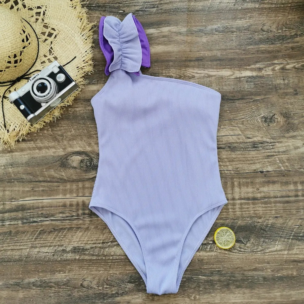 Women's single-shoulder suspender tube top one-piece swimsuit in solid colour
