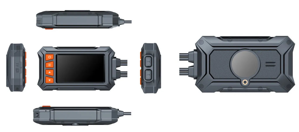 Motorcycle dual lens dash cam with GPS module and waterproof casing showing 1080P front and rear recording capability