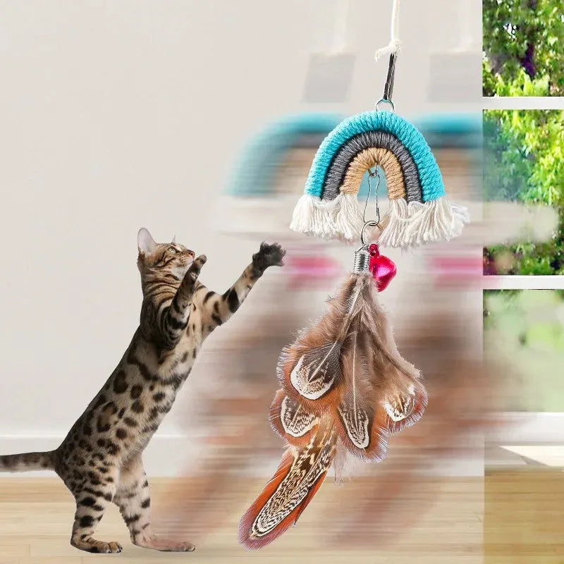 Feather cat rope door swing toy with elastic cord and sticky buckle clamp in blue colour