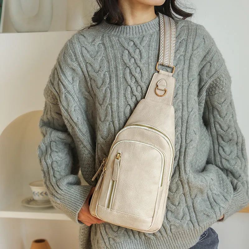 Soft PU women's crossbody messenger bag in street style with open pocket and sewn detail