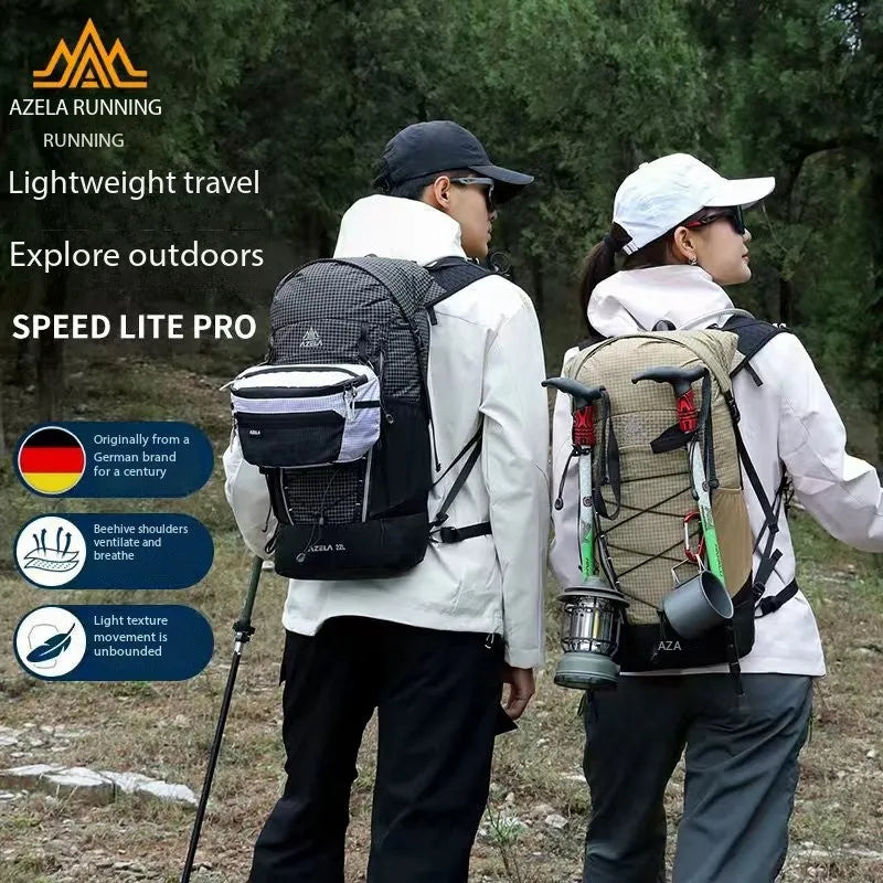AZELA 22L outdoor hiking backpack in black with grid pattern and ergonomic design, lightweight trekking daypack for camping and travel.