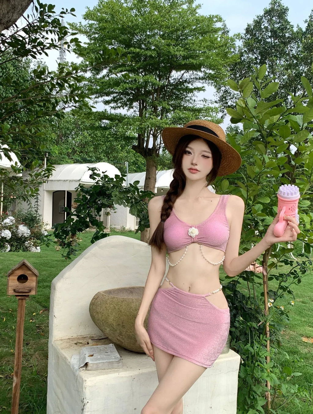Women's black or pink three-piece bikini swimsuit with briefs style for swimming