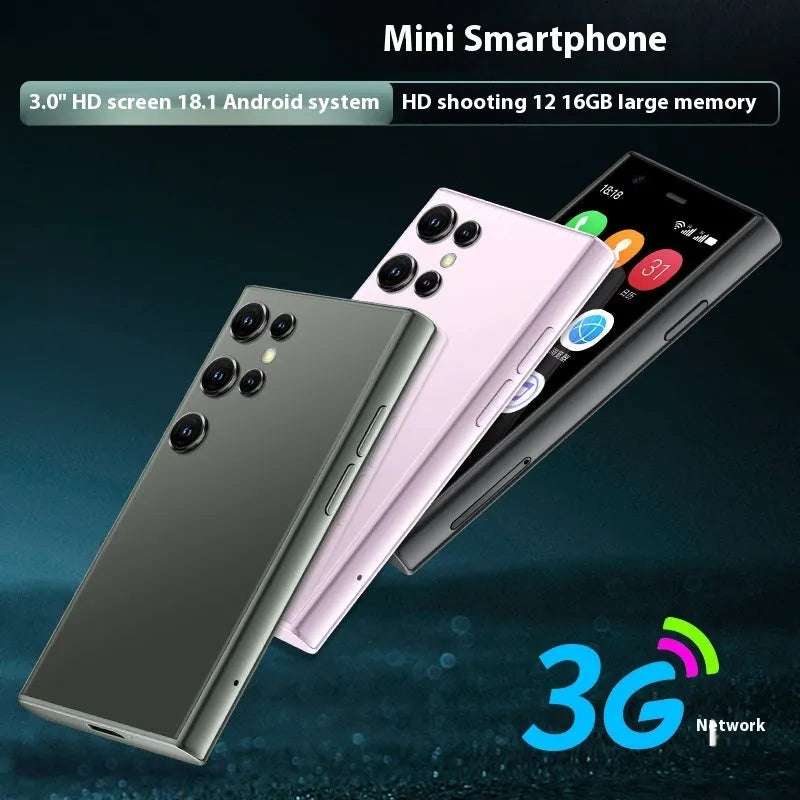 S23PRO XS15 mini smartphone in black, green and pink purple colours with straight plate design