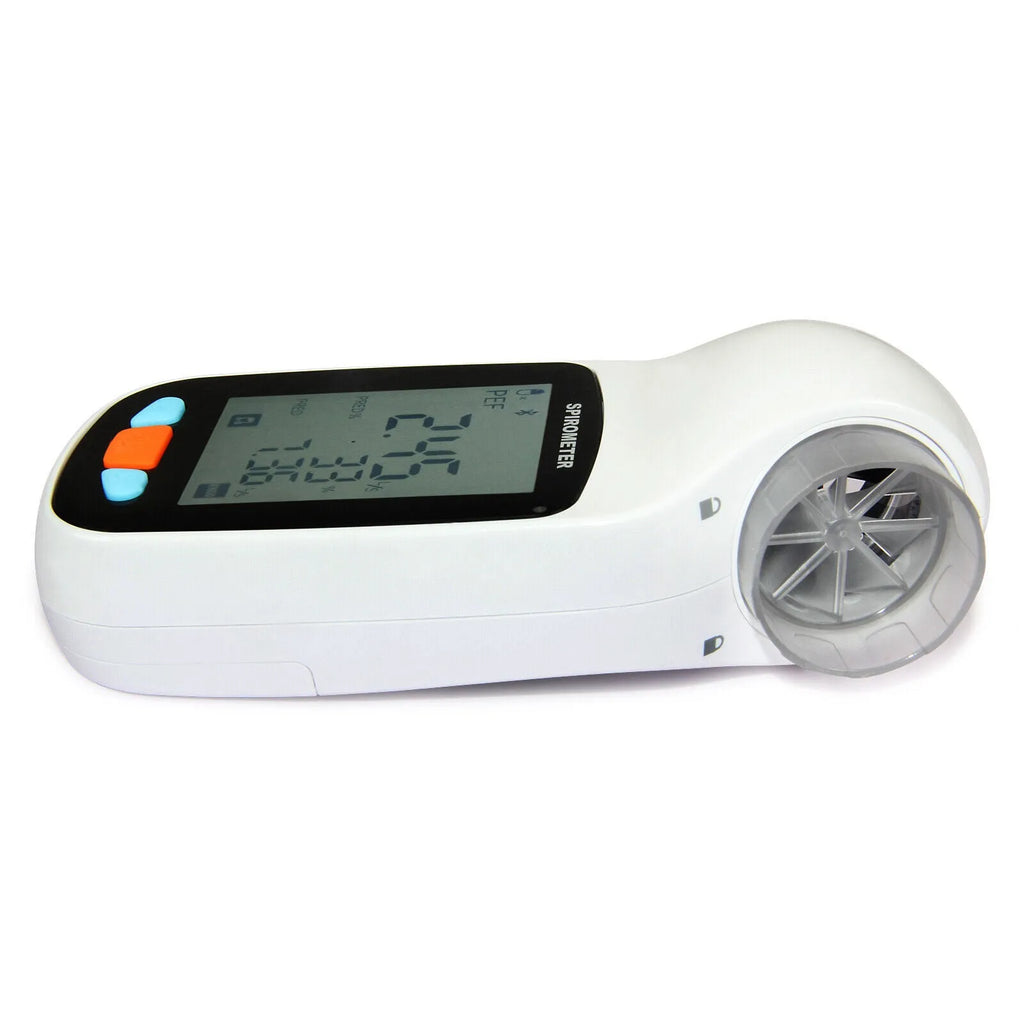 SP70B handheld digital spirometer with Bluetooth, measuring lung function parameters, 138 mm x 63 mm x 47 mm
