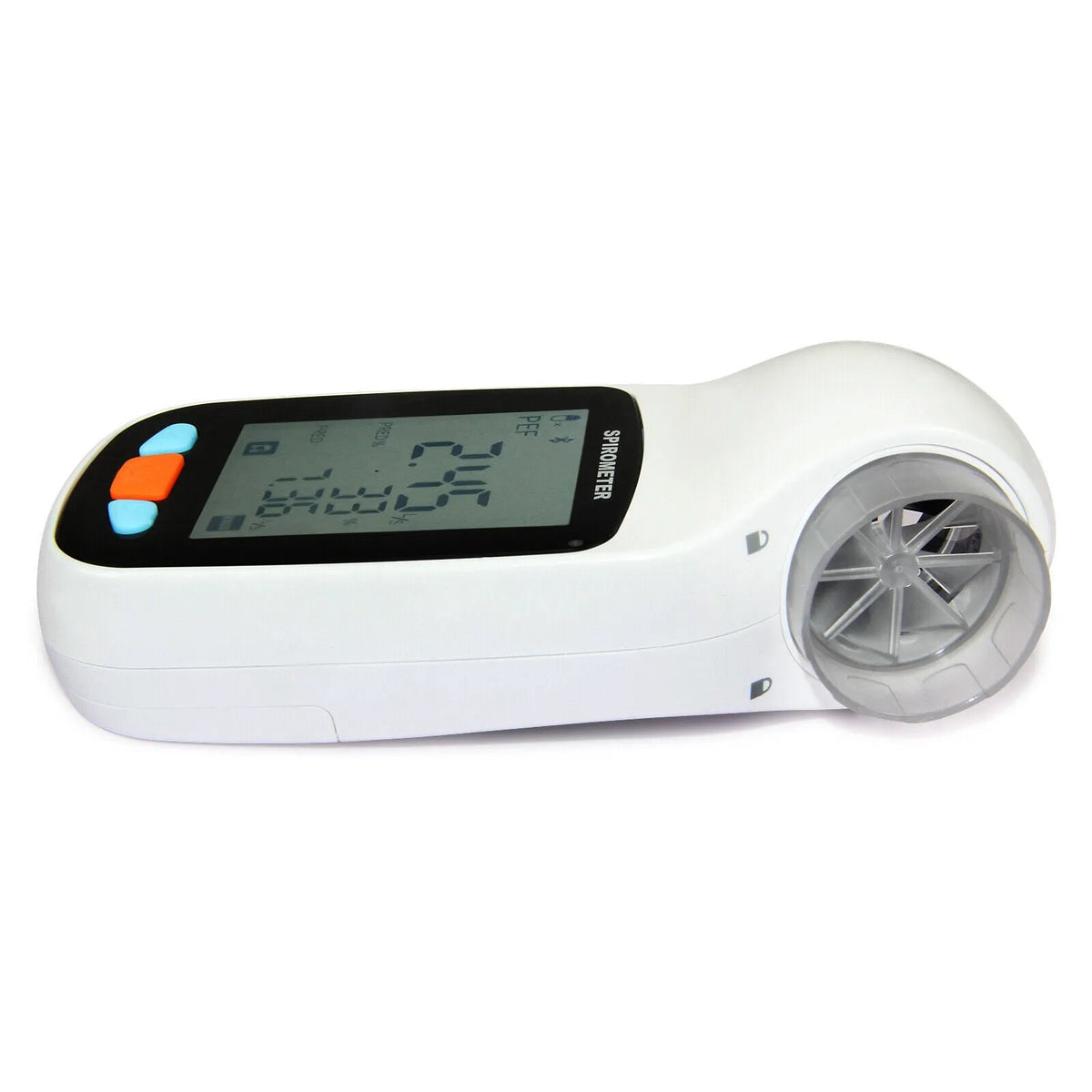 SP70B handheld digital spirometer with Bluetooth, measuring lung function parameters, 138 mm x 63 mm x 47 mm