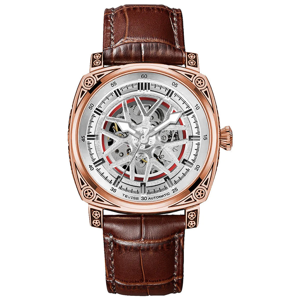 Men's stainless steel automatic watch with a blue leather strap on a wrist