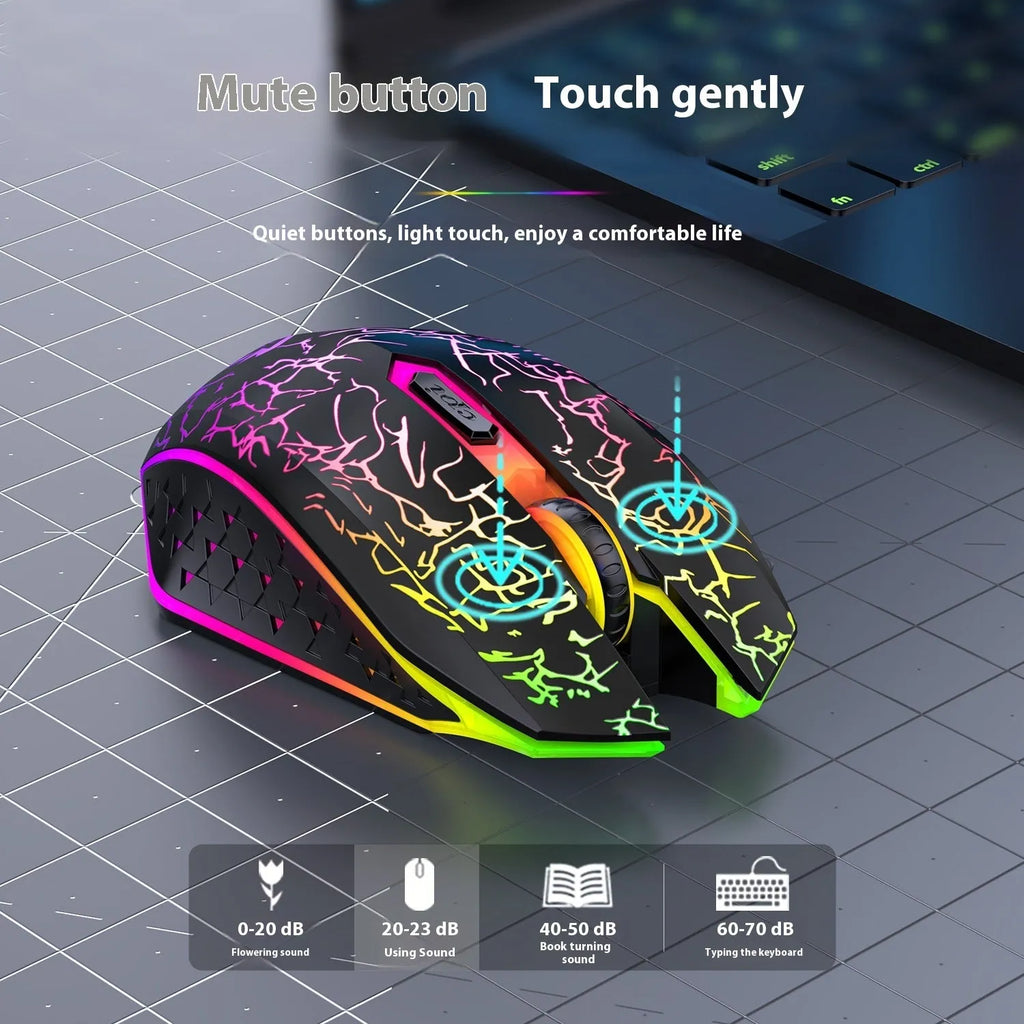 Black and white rechargeable wireless gaming mouse with RGB breathing light on desktop
